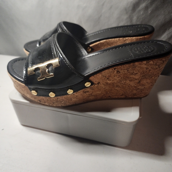 Tory Burch Black and Gold Wedge Sandals - Picture 3 of 6